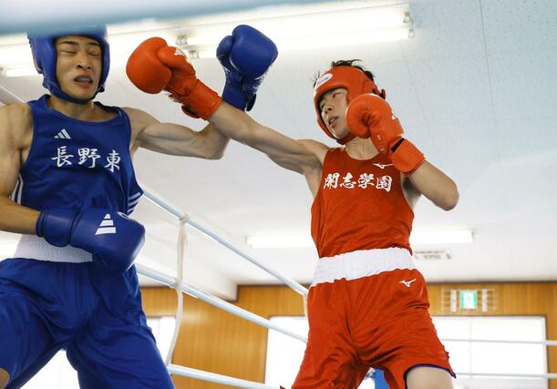 男子バンタム級決勝 正確なブロッキングとコンビネーションで勝利した開志学園の三國成(右)=6月22日、新潟市中央区上所1の新潟南高校