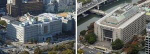 　大阪府庁（左）と大阪市役所
