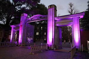 　紫色にライトアップされた東大本郷キャンパス正門＝２２日午後