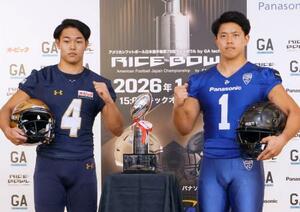 ライスボウルを前に、記者会見でポーズをとるパナソニックの青根奨太主将(右)とオービックの坊農賢吾主将=15日、東京都内