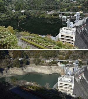 　貯水率１００％（上、２０２５年１１月）と今月４日、貯水率が低下した大渡ダム＝高知県仁淀川町（大渡ダム管理所提供）