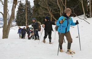 慎重な足取りで雪の上を歩く「かんじきウオーク」の参加者=長岡市川口中山