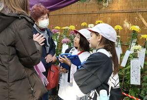弥彦菊まつりで来場者に菊の説明をする弥彦小4年生=弥彦神社