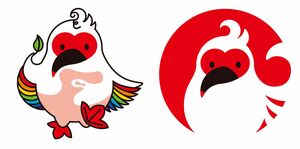 トキをかたどったキャラクター(左)とシンボルマーク(いずれも石川県提供)