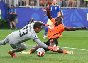 オランダ―スウェーデン 前半、チーム2点目のゴールを決めるオランダのブロビー。GKノルドフェルト=ヒューストン(ゲッティ=共同)