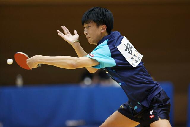 男子シングルスを制し、３冠を決めた吉田蒼（新潟産大付）＝３日、新発田市カルチャーセンター