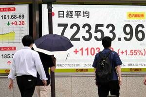 日経平均株価の終値を示すモニター=22日午後、東京都中央区