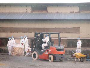 豚熱の感染が確認された養豚場で防疫作業に当たる作業員ら＝８月１５日、新発田市（新潟県提供）