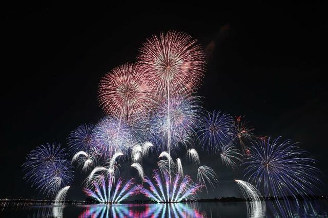 夜空を華やかに彩った阿賀野川ござれや花火＝２５日、新潟市北区