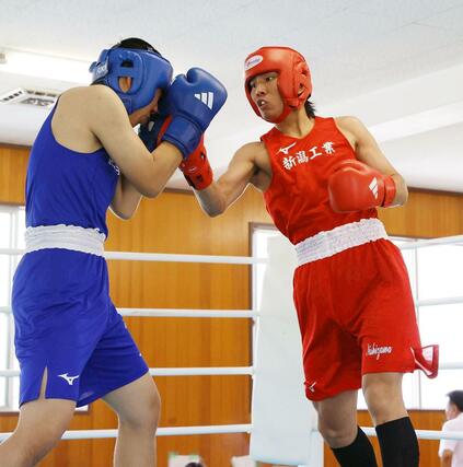 男子ミドル級決勝 的確に強打を浴びせて圧倒した新潟工業の西澤眞(右)。1回1分12秒で相手の棄権により勝利した=6月22日、新潟市中央区上所1の新潟南高校