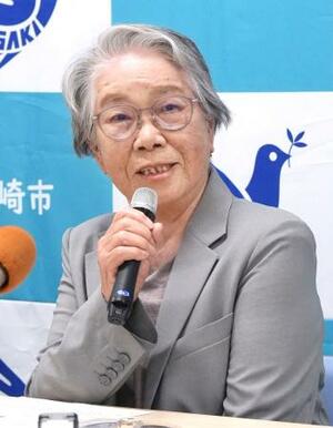 平和祈念式典の被爆者代表に決まった本村チヨ子さん=1日午後、長崎市役所