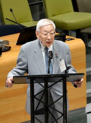 「核なき世界」を目指す高官級会合で発言する田中聡司さん=26日、米ニューヨークの国連本部(共同)