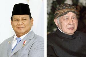 　インドネシアのプラボウォ大統領（左）、スハルト元大統領（ロイター＝共同）