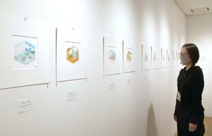 浴室や脱衣所を描いた水彩画が並ぶ「銭湯ずかん展」=1月8日、見附市昭和町2