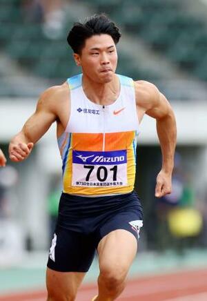 男子100メートルで優勝した小池祐貴=維新みらいふスタジアム