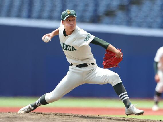 新潟産大付－新発田農　新発田農先発の遠山剣臣＝７月１９日、新潟市中央区長潟のハードオフ・エコスタジアム