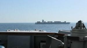 米中央軍が19日に公開した、米軍が通航阻止したイラン船籍の貨物船=アラビア海北部(米中央軍提供・ロイター=共同)