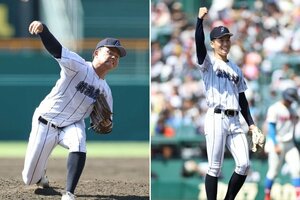 新潟産大付の先発・宮田塁翔(左)と2番手で登板した田中拓朗=甲子園