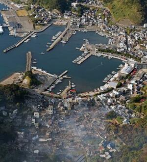　大分市佐賀関の大規模火災現場（手前）＝１９日午前８時５０分（共同通信社ヘリから）