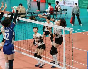 長岡商-金蘭会(大阪) 第1セット、スパイクを打つ主将の加納理美(右)。中央はセッターの加藤沙恵=東京体育館