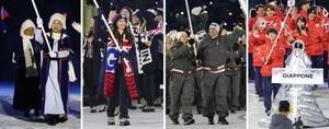 　ミラノ・コルティナ冬季五輪の開会式で入場行進する各国選手団。左からモンゴル、英国、イタリア、日本＝６日（共同）