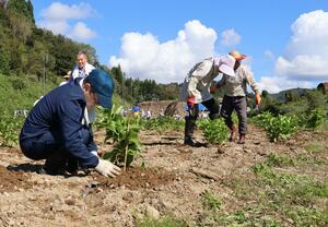 東竹沢小の跡地にアジサイの苗を植える住民ら=長岡市山古志東竹沢