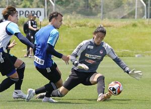 試合で結果を残そうと練習に励むGK阿部航斗=聖籠町