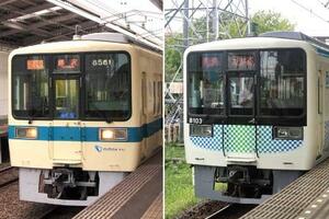 小田急の8000形「8561」(左)が、西武の8000系「8103」になった。よく見ると、ブラックフェイスがライトの上ぎりぎりまで広がり、車体番号がそこに移動している