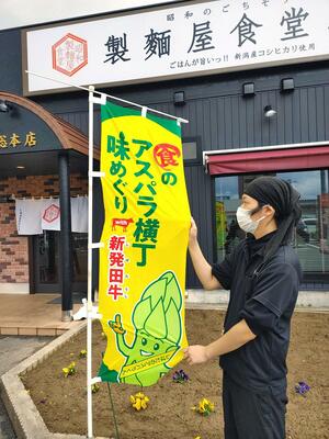 「食のアスパラ横丁 味めぐり」のスタートを前に、店先にのぼりを立てる飲食店のスタッフ=4月25日、新発田市舟入町3