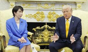 ホワイトハウスで会談する高市早苗首相（左）とトランプ米大統領＝２０２６年３月１９日、ワシントン（共同）