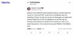 人質の解放に向けてイスラエルにガザへの爆撃を即時停止するようSNSで求めたトランプ米大統領の投稿(SNSトゥルース・ソーシャルから)