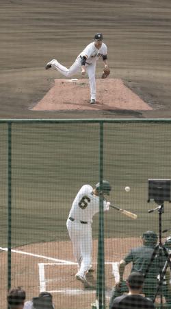 実戦形式の打撃練習に登板し、坂本(手前)と対戦する巨人・田中将=那覇