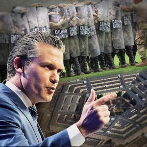 　ヘグセス国防長官（左）、国防総省（右）、ロサンゼルスの抗議デモ対応に派遣された後、訓練を行うカリフォルニア州兵（上）のコラージュ