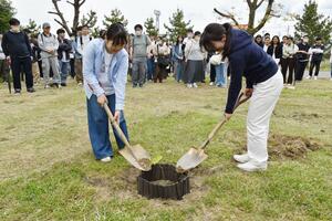 「被爆アオギリ二世」の苗木を植樹する敬和学園大学の学生=新発田市富塚