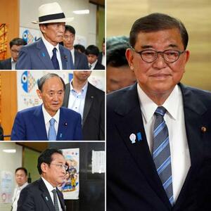 23日、首相経験者の(左上から)麻生太郎、菅義偉、岸田文雄の3氏と自民党本部で会談した石破首相=東京・永田町