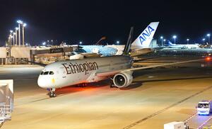 中東情勢の悪化を受けてオマーンから出国を希望した邦人らを乗せ、成田空港に到着した政府手配の民間チャーター機＝８日午後７時５１分