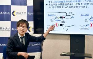記者発表会で説明する熊本大生命資源研究・支援センターの野田大地准教授=18日午前、熊本市