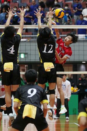 男子グループ戦 新潟-熊本 新潟の小林耕太朗がスパイクを放つ=Asueアリーナ大阪