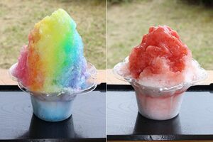 道の駅の遊び場を飾る虹をイメージした「あがりーなレインボー」(左)。右は定番商品の「越後姫」