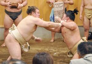 秋場所に向けて稽古する安青錦(左)と藤ノ川=東京都江東区の安治川部屋