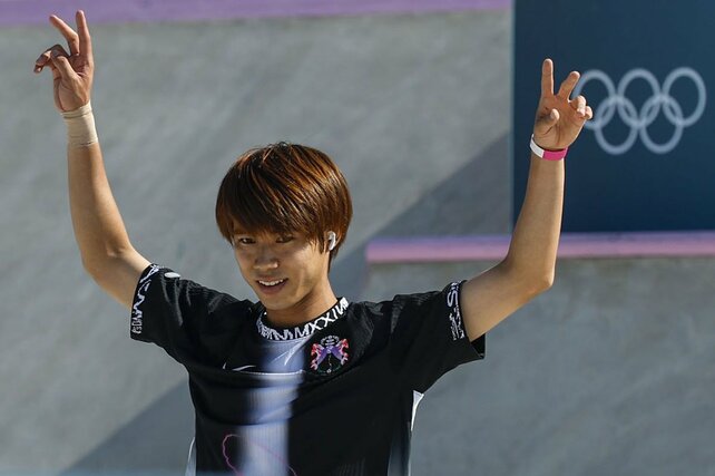 男子ストリート決勝　１回目のランを終えた堀米雄斗＝パリ（共同）