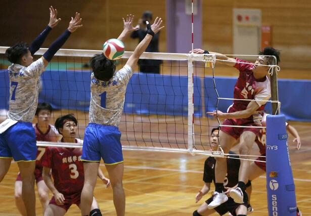 関根学園－新発田中央　スパイクを放つ関根学園の下鳥漣大（５）＝小千谷市総合体育館