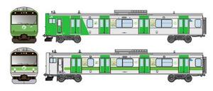 山手線環状運転100周年を記念したラッピング列車のデザイン。上が「103系」、下が「205系」をイメージしている(JR東日本提供)