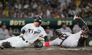 8回阪神2死一、二塁、大山の遊撃内野安打で二走森下が捕手甲斐のタッチをかいくぐり決勝の生還=甲子園