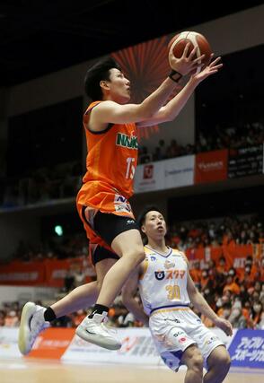 新潟-岡山 第3クオーター、濱田貴流馬のレイアップシュートで63-53に引き離す=アオーレ長岡