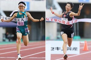 男子で連覇した中越のアンカー川上大敬（左）と、女子で３連覇を果たした新潟明訓のアンカー福田せりえ（右）＝ビッグスワン