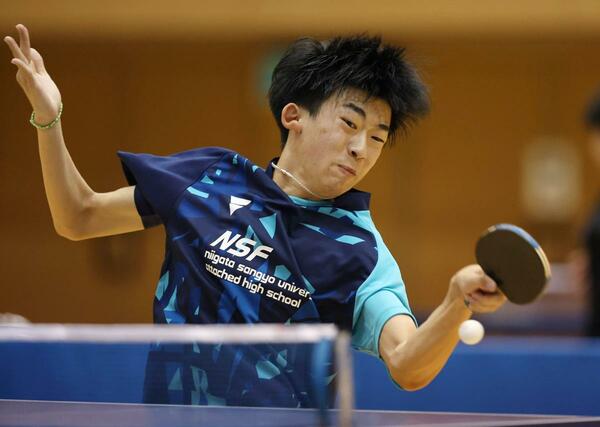 男子シングルスを制し、３冠を決めた吉田蒼（新潟産大付）＝３日、新発田市カルチャーセンター