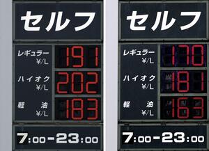 福岡市のセルフ式ガソリンスタンドの価格表示。１週間前に１９１円（左）だったレギュラーガソリンが２５日は１７０円に下がっていた