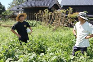 畑の手入れに精を出す本間涼さん(左)。高校、大学の後輩でもある荒井瑠伽さん(右)と多彩な事業を展開する=佐渡市豊田