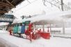 ホームや駅舎の屋根の雪下ろし作業。線路に落とした雪はロータリー車が飛ばした=妙高市田口の妙高高原駅